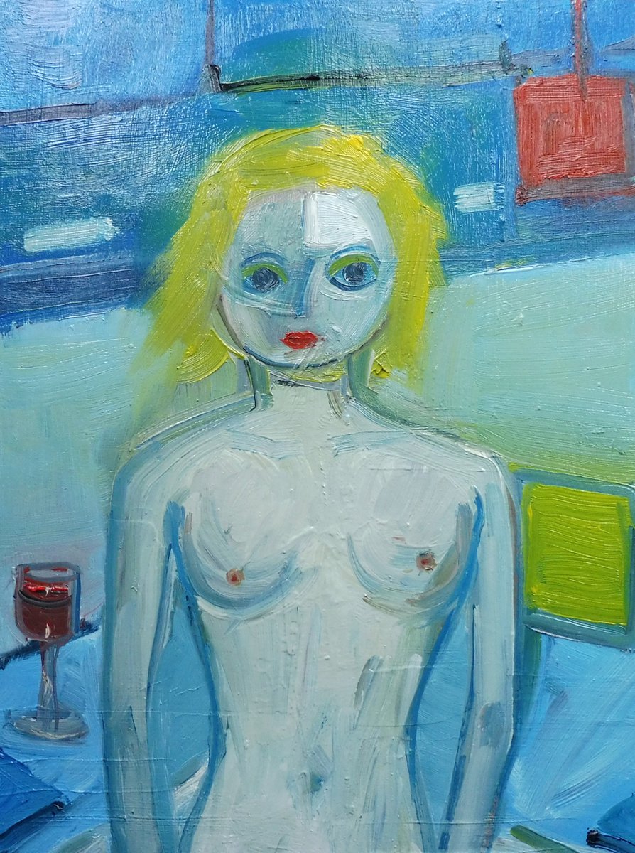 NUDE CUTE BLONDE FEMALE RED WINE. Original Female Figurative Oil Painting. Varnished. by Tim Taylor
