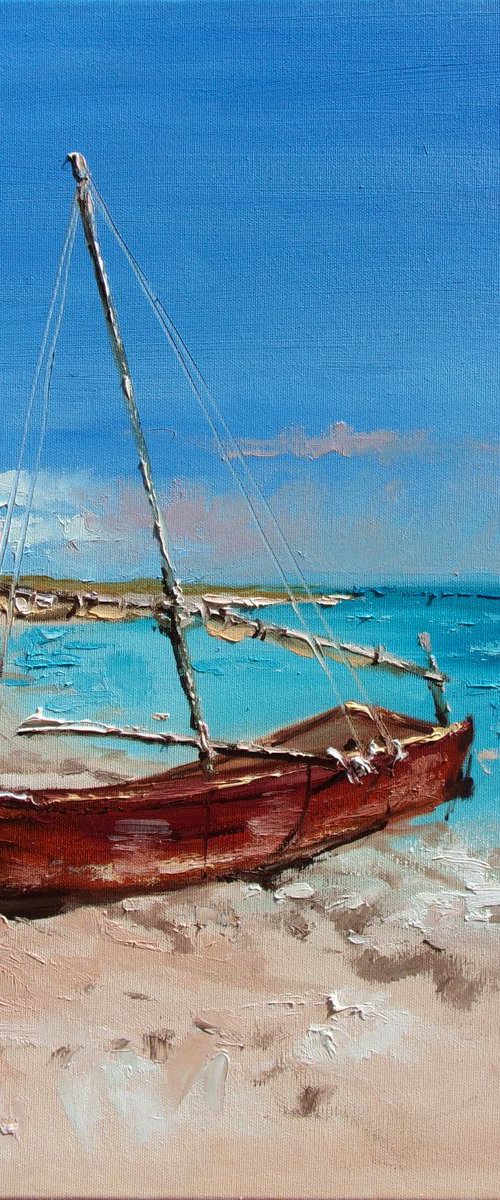 " PARADISE BEACH ... " SHIP BOAT SAIL original painting palette knife GIFT MODERN URBAN ART OFFICE ART DECOR HOME DECOR GIFT IDEA by Monika Luniak