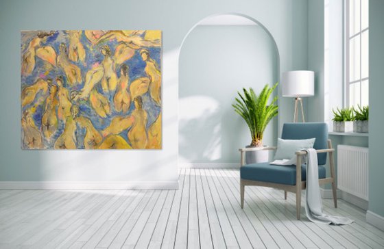 BIG BATHERS - Large abstract nude art original painting, erotic, love, lovers, beautiful, blue pastel colours, gift for him, bedroom art, 170x200cm