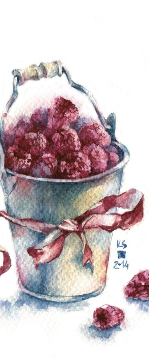 "A bucket of raspberries" watercolor food illustration by Ksenia Selianko