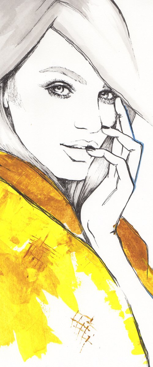 fashion illustration in acrylic blue and yellow woman female model by Renske Karlien Hercules