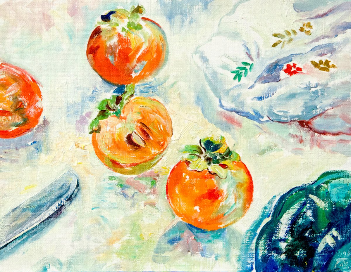 Impressionistic Still Life Oil Painting By Daria Galinski, 9 X 7, Petite Still Life With Persimmons, Original Artwork