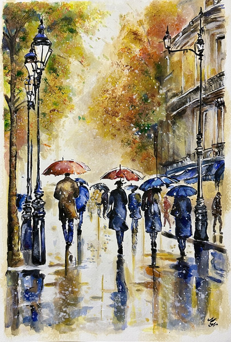 Impressionistic Cityscapes Watercolour By Misty Lady - M. Nierobisz, 13 X 19", Rain In The City, Original Artwork