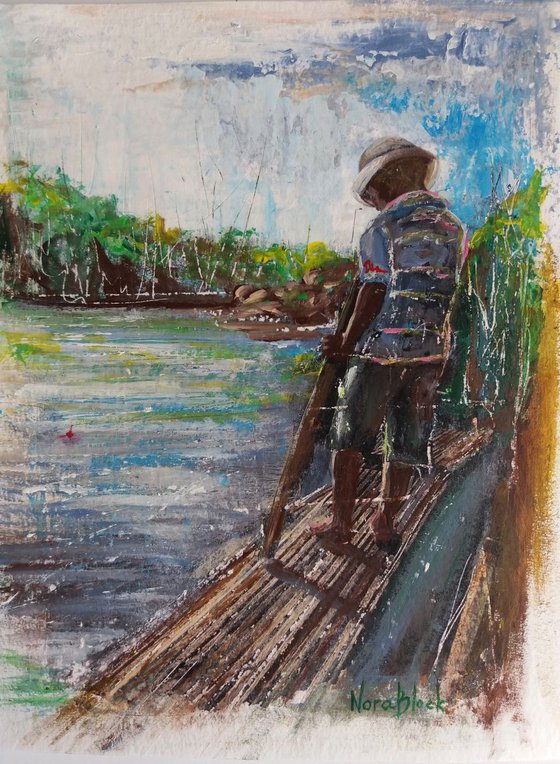 "Little Fisherman", original Mixed Media painting on Paper, 24x32cm