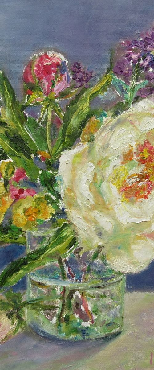 A Rose in a Glass / Wildflowers Meadow Original Traditional Impressionism Joyful Floral Handmade Vibrant Colours Purple and White Kitchen Still Life Rose Small Oil Painting 20x25 cm. by Katia Ricci