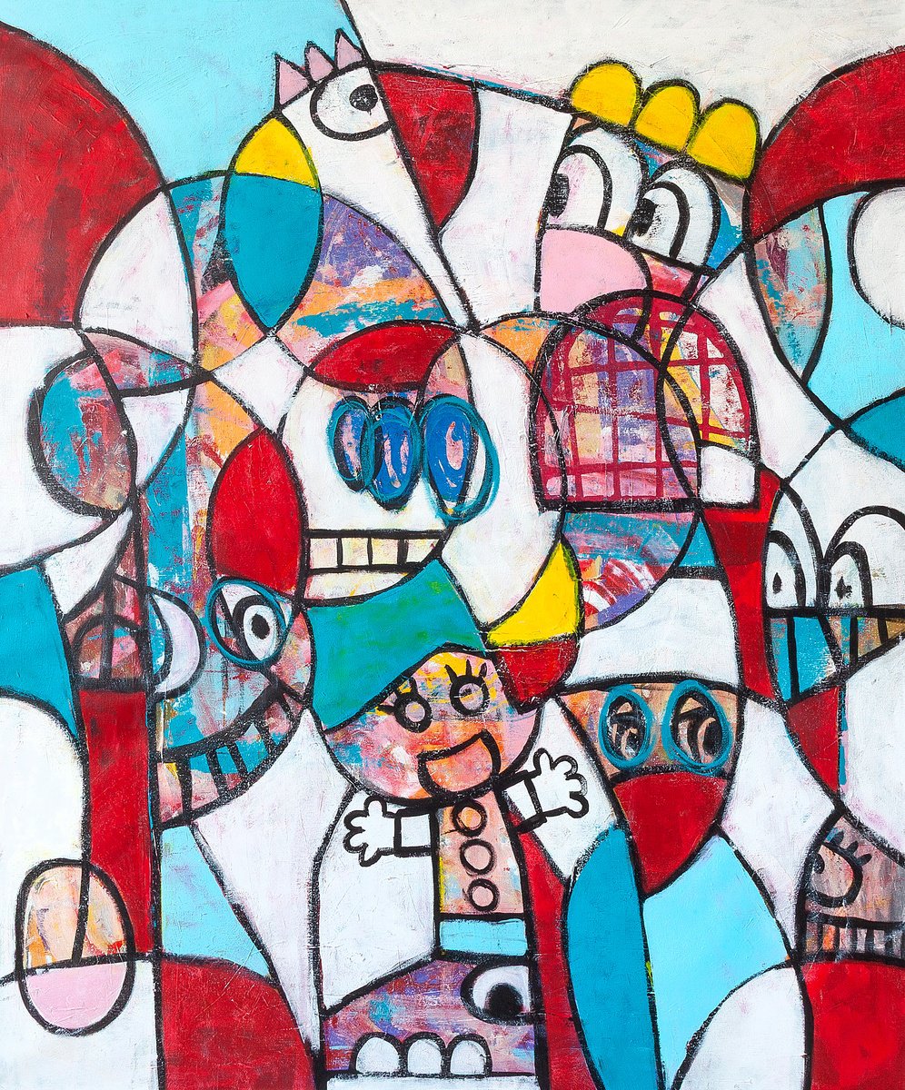 Abstract Portrait Acrylic Painting By Tommy Lennartsson, 39 X 47", Little Queen Of Hearts, Original Artwork