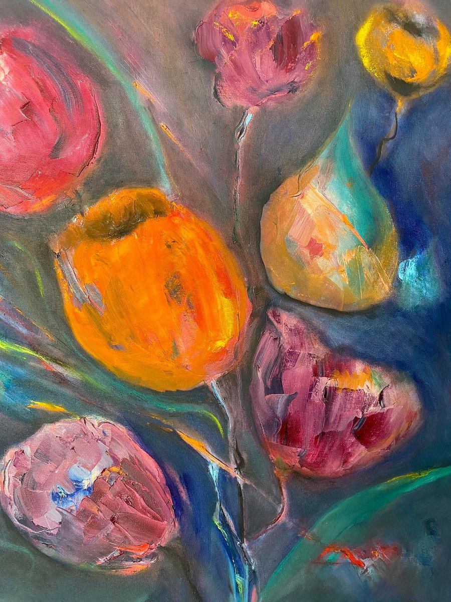 Expressive Botanical Oil Painting By Leo Baxiner, 24 X 31", Night Bouquet. Altered State, Original Artwork