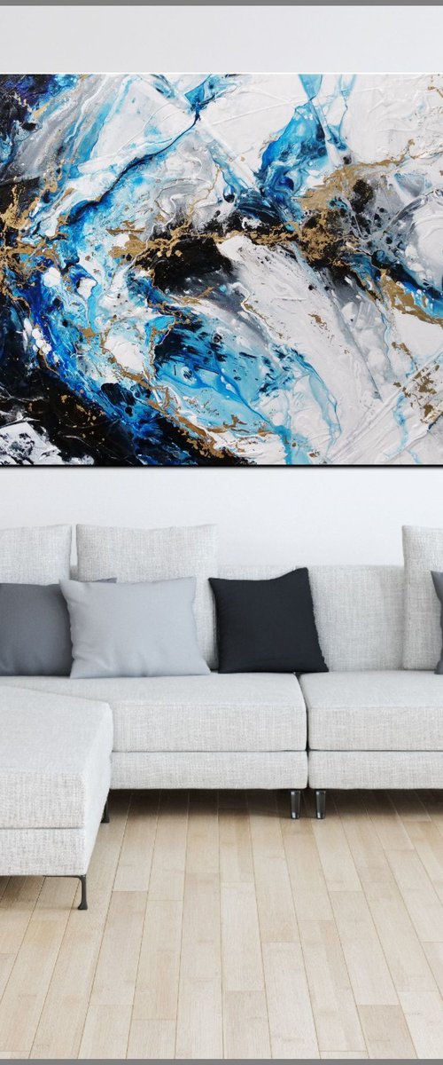 Golden Midnight 190cm x 100cm Blue Gold White Textured Abstract Art by Franko