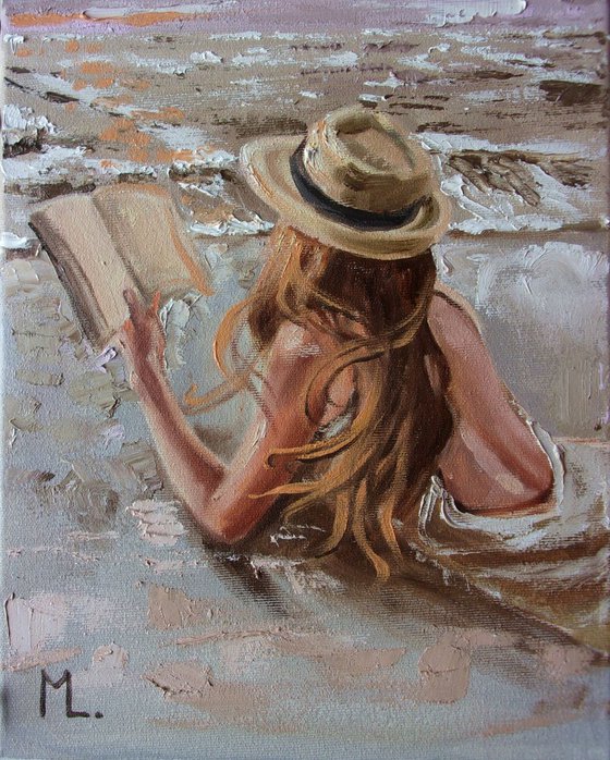 " BOOK LOVER ... XII " original painting sea summer palette knife GIFT brown