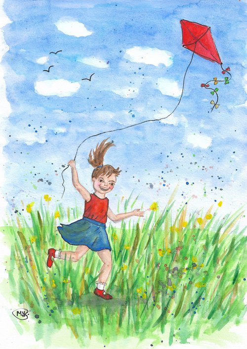 Little Girl Flying a Red Kite. by MARJANSART