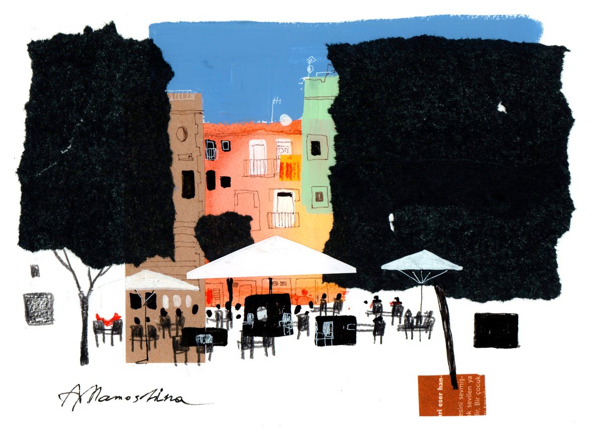 Impressionistic Cityscapes Watercolour By Anastasia Mamoshina, 12 X 8, Figueras Spain Street Cafe, Original Artwork