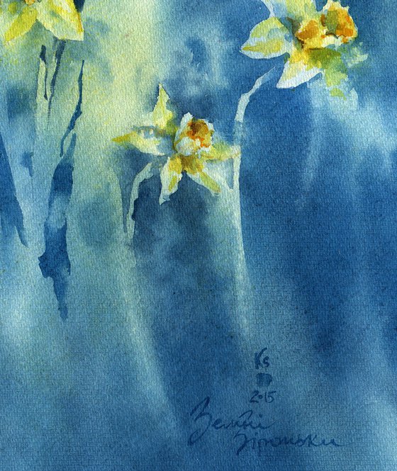 "Stars" - spring flowers daffodils on a contrasting background bright watercolor original artwork
