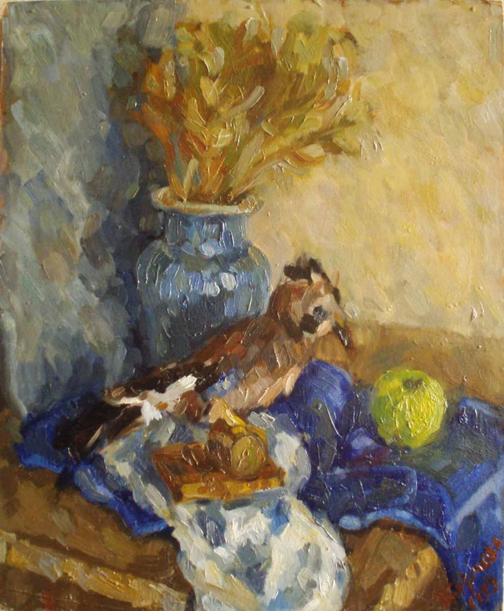 Impressionistic Still Life Oil Painting By Kateryna Bortsova, 16 X 20", Still Life With Scarecrow, Original Artwork