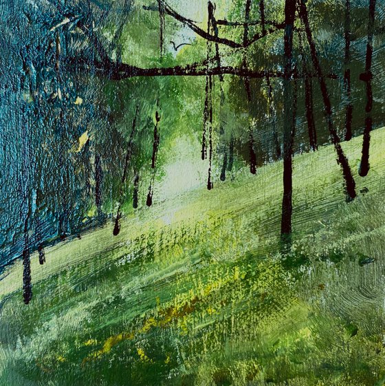 Two mini woodland scene woodblock paintings