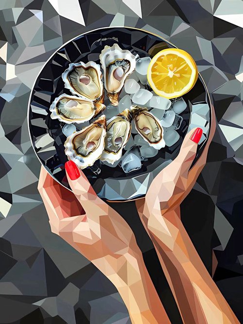 STILL LIFE WITH OYSTERS ON A BLACK PLATE by Maria Tuzhilkina