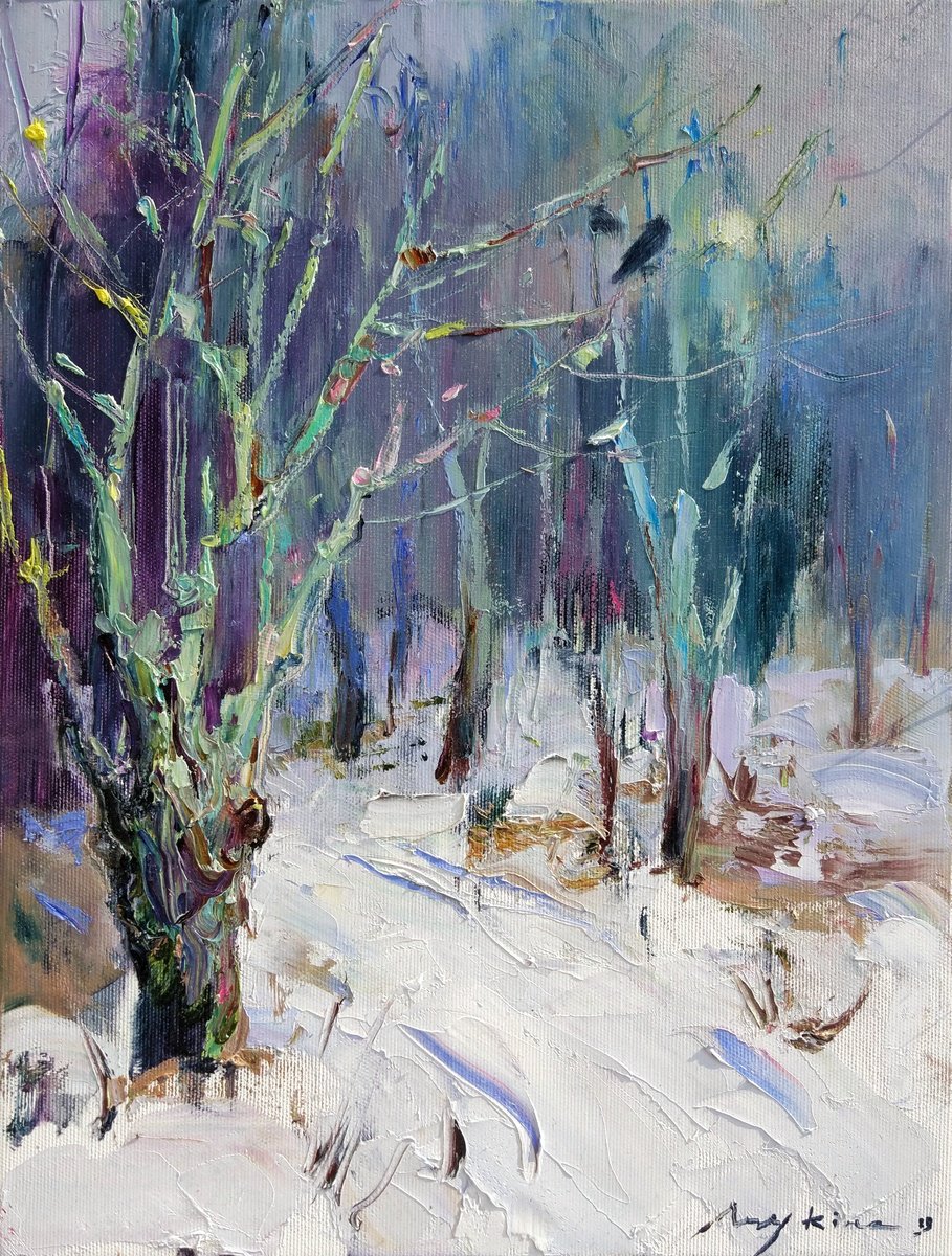 Snow and crows | Walk among winter garden | Original oil painting by Helen Shukina