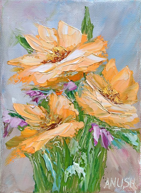 Yellow flowers (24x18cm, oil painting, palette knife)