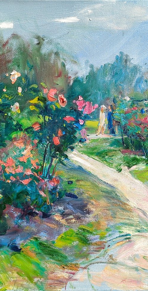Impressionistic etude . Large 80x65 cm. Walk in the rose garden . Original oil painting by Helen Shukina