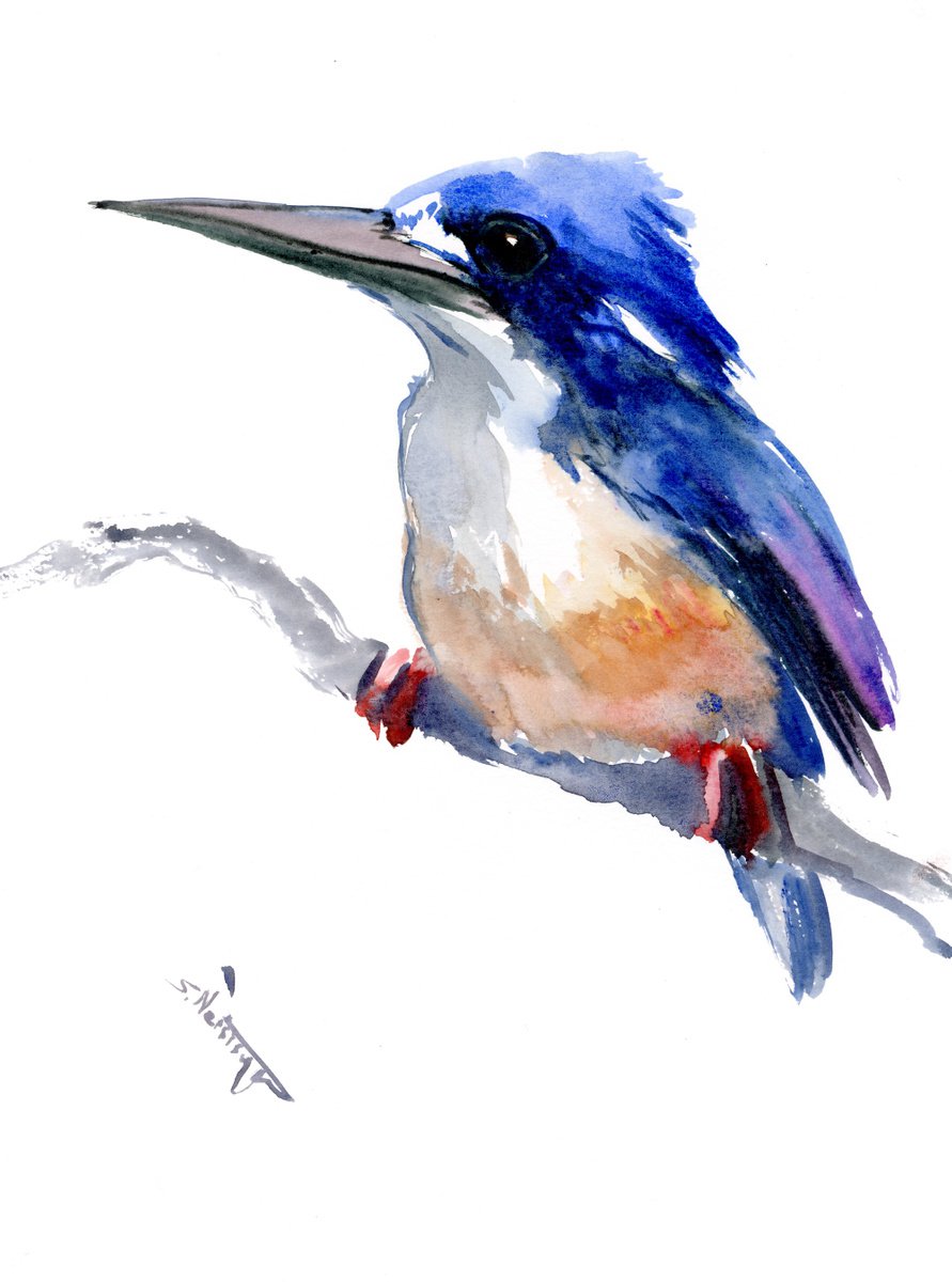 Azure Kingfisher Watercolor Artwork by Suren Nersisyan