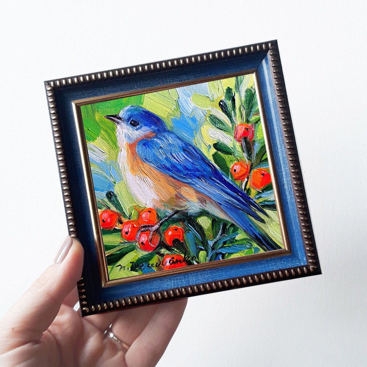 Estern Bluebird painting original oil art framed 4x4, Blue bird small wall art framed by Nataly Derevyanko