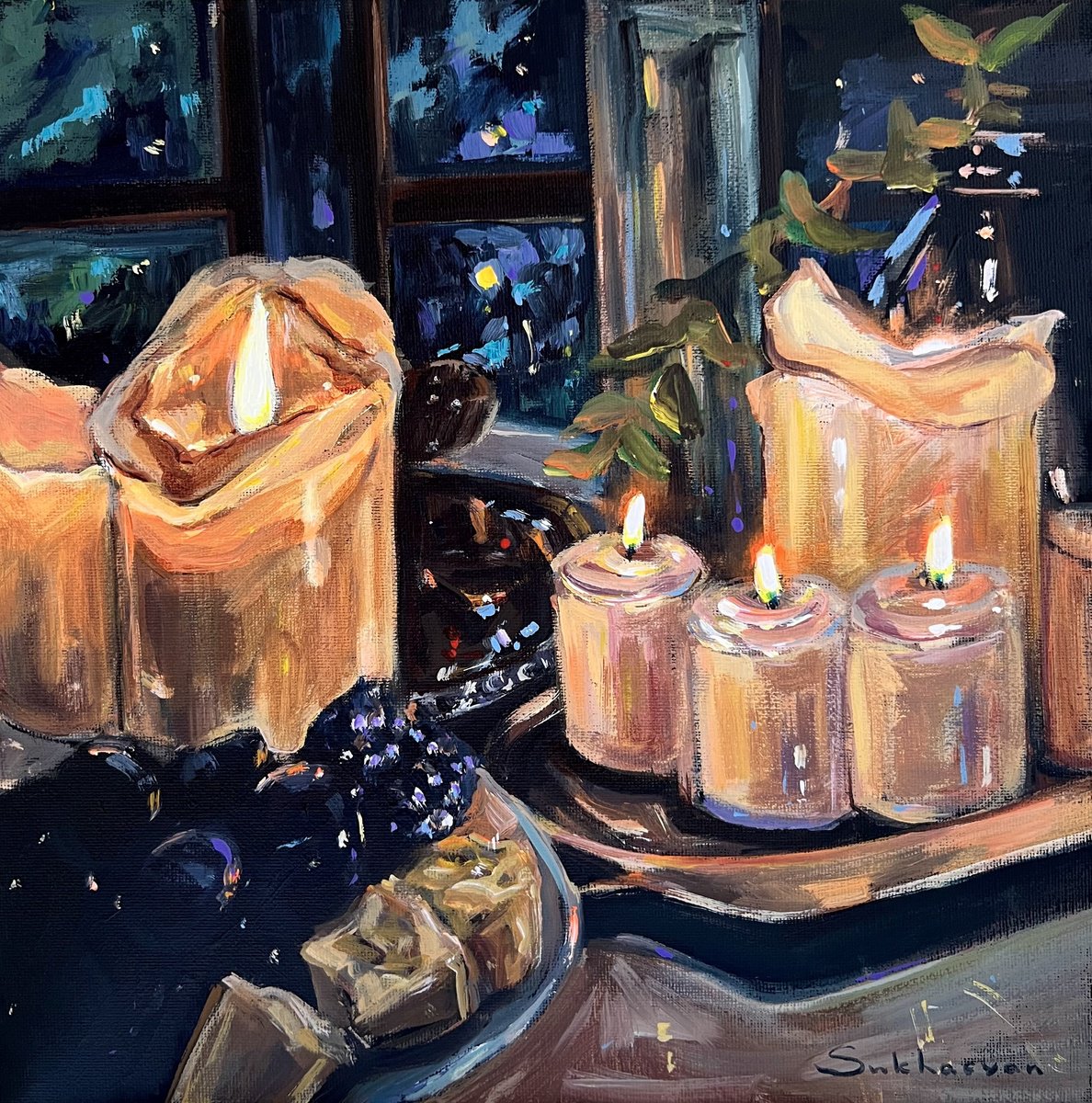 Impressionistic Still Life Acrylic Painting By Victoria Sukhasyan, 12 X 12", Still Life With Candles, Grapes And Cheese, Artfinder