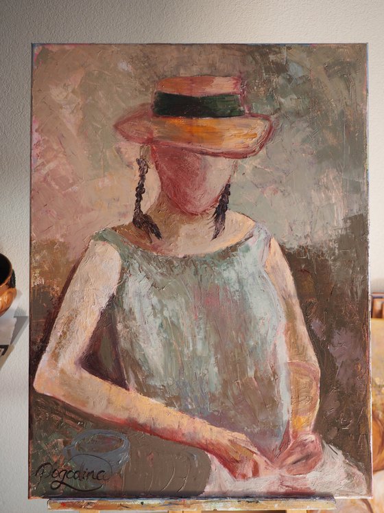 Cup of Coffee. Lover - Original Faceless Woman Portrait on Canvas