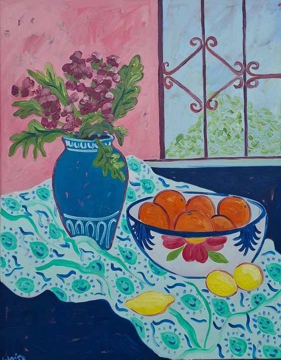 Still Life with Oranges and Window View