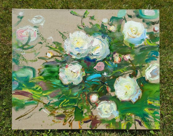 White peonies on linen background