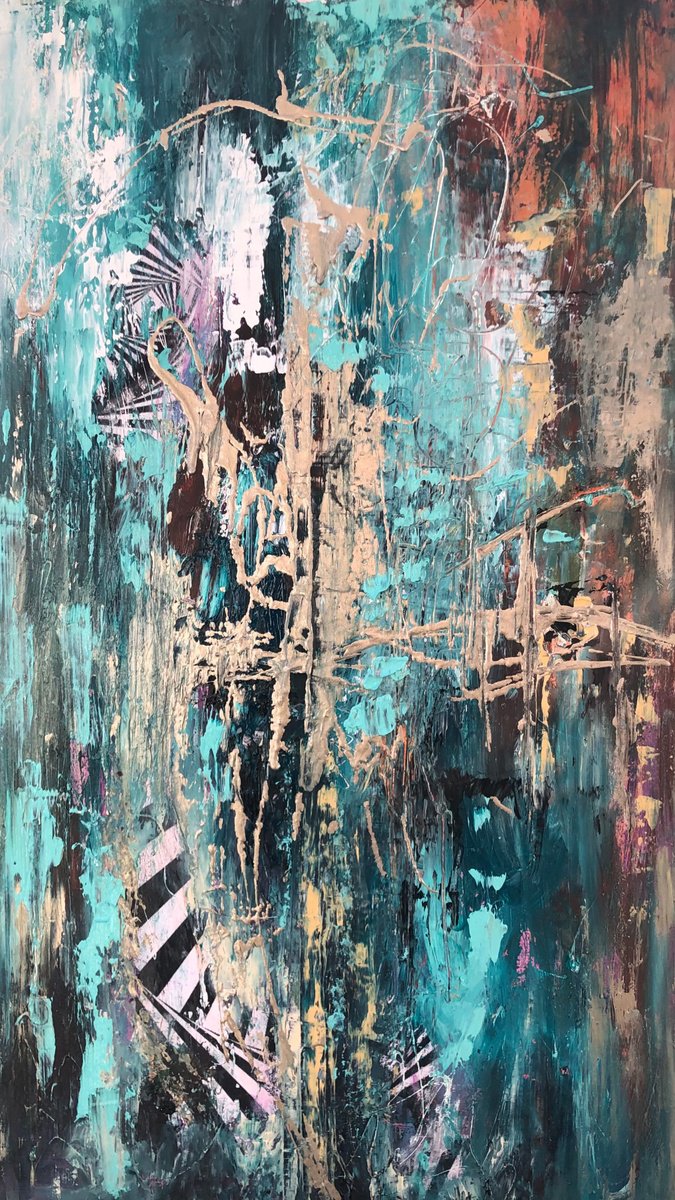 Abstract Painting By Snezana Djordjevic, 16 X 28", Antikythera Mechanism, Original Artwork