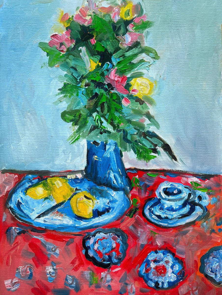 Still Life with red tablecloth by Maiia Axton