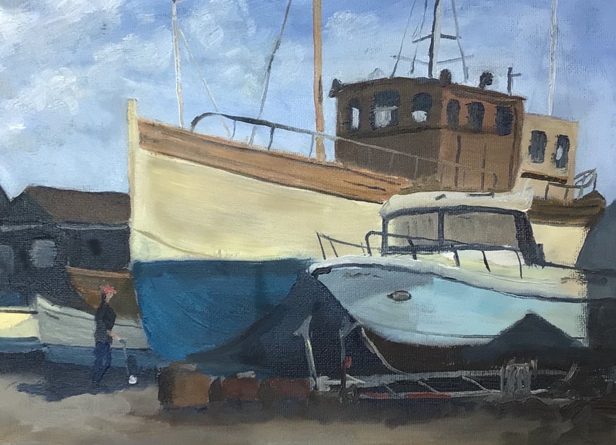 Boats at Blackshore, near Southwold. An original oil painting by Julian Lovegrove Art