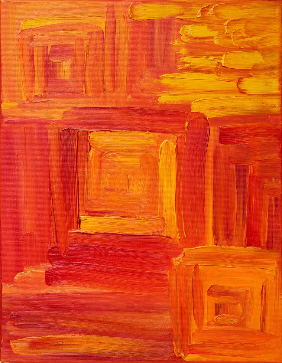 Geometric Abstract Oil Painting By Nataliia Sydorova, 14 X 18", Orange Squares, Original Artwork