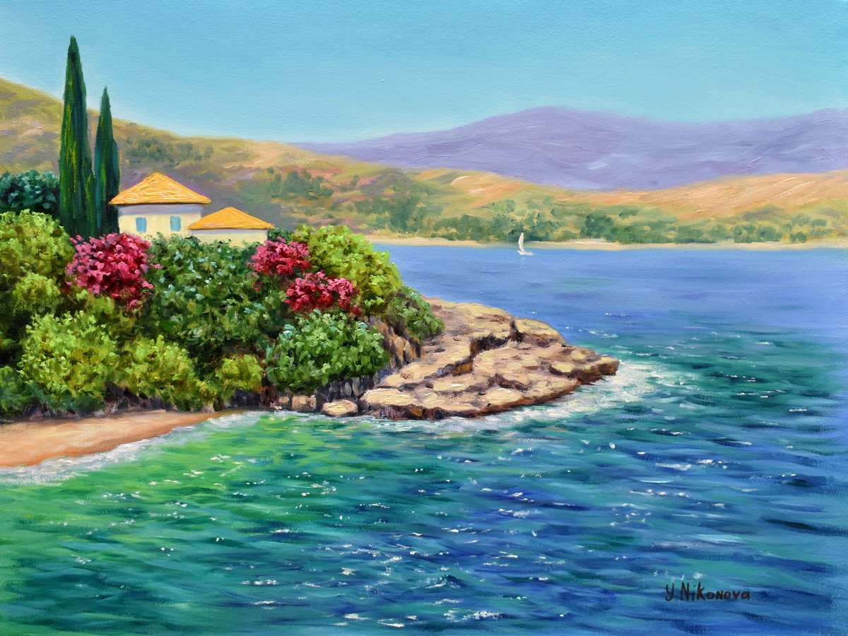 Impressionistic Landscape Oil Painting By Yulia Nikonova, 24 X 18", Villa On The Cape, Original Artwork