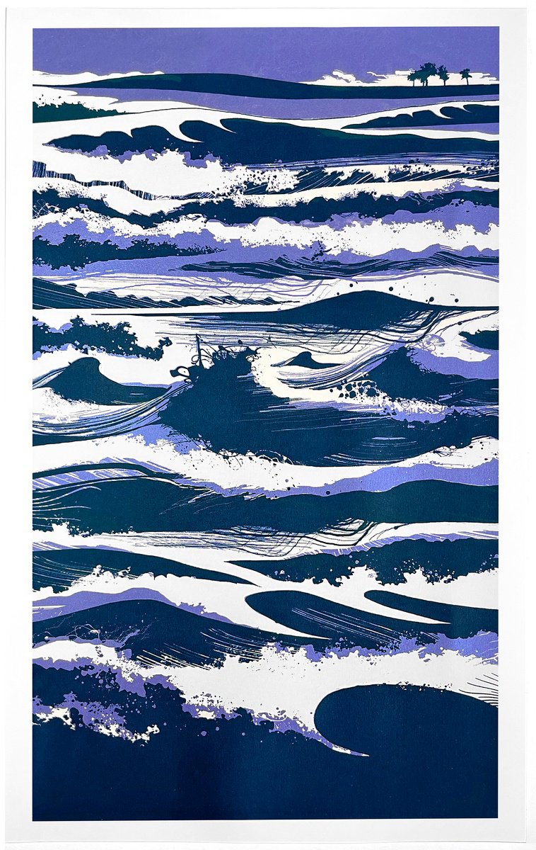 Expressive Landscape Screenprint By Chris Keegan, 11 X 17, Beyond The Waves, Original Artwork