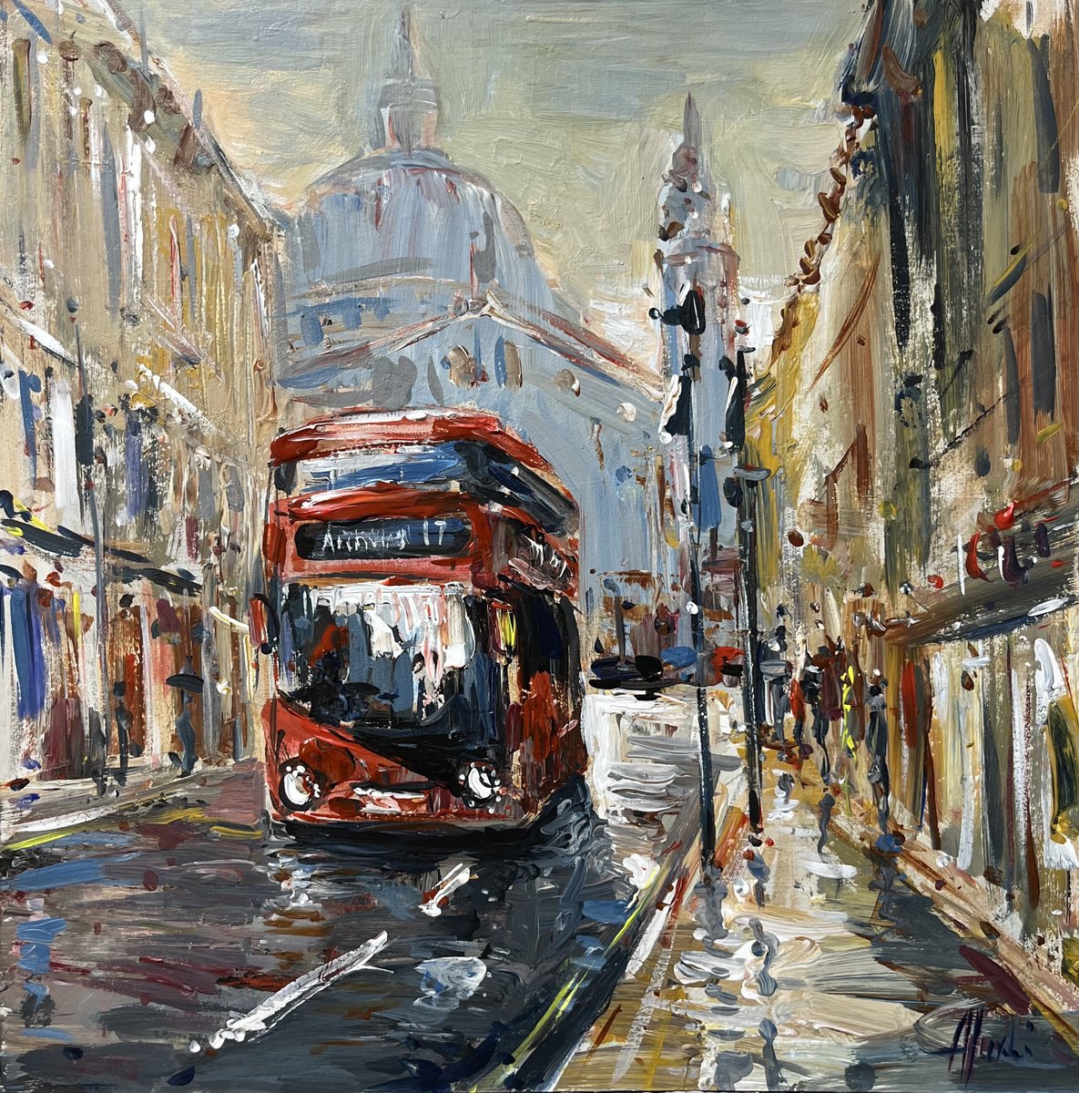 Impressionistic Abstract Acrylic Painting By Altin Furxhi, 22 X 22, London Red Bus, Original Artwork