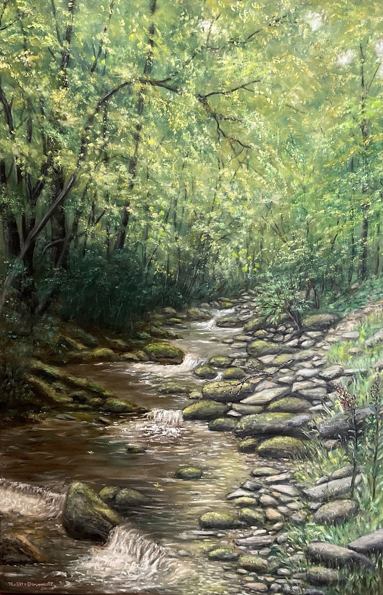 Photorealistic Landscape Oil Painting By Kathleen Mcdermott, 24 X 36", Mountain Stream Old Fort Nc, Original Artwork