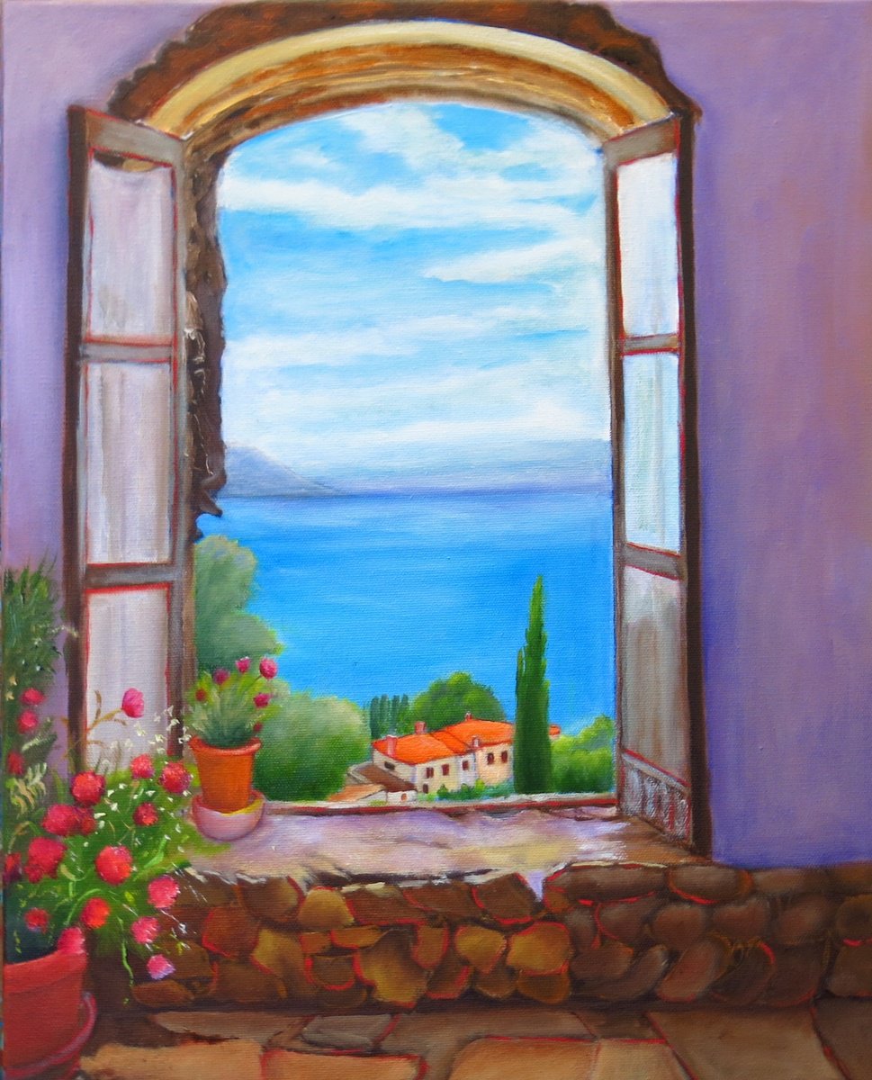 Impressionistic Landscape Oil Painting By Maureen Greenwood, 16 X 20", Scenic View Thru`window, Original Artwork