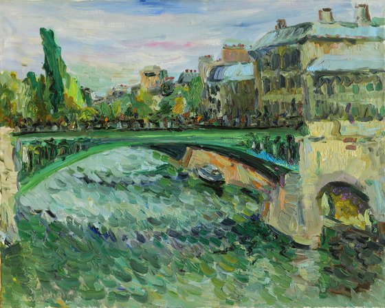 PARIS, GREEN BRIDGE OVER THE SEINE - landscape art, original oil painting, cityscape of Paris, plein air