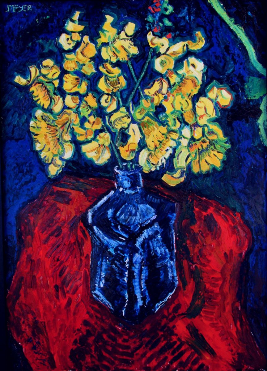 Expressive Botanical Oil Painting By Richard Meyer, 24 X 33", Daffodils In A Blue Glass, Original Artwork