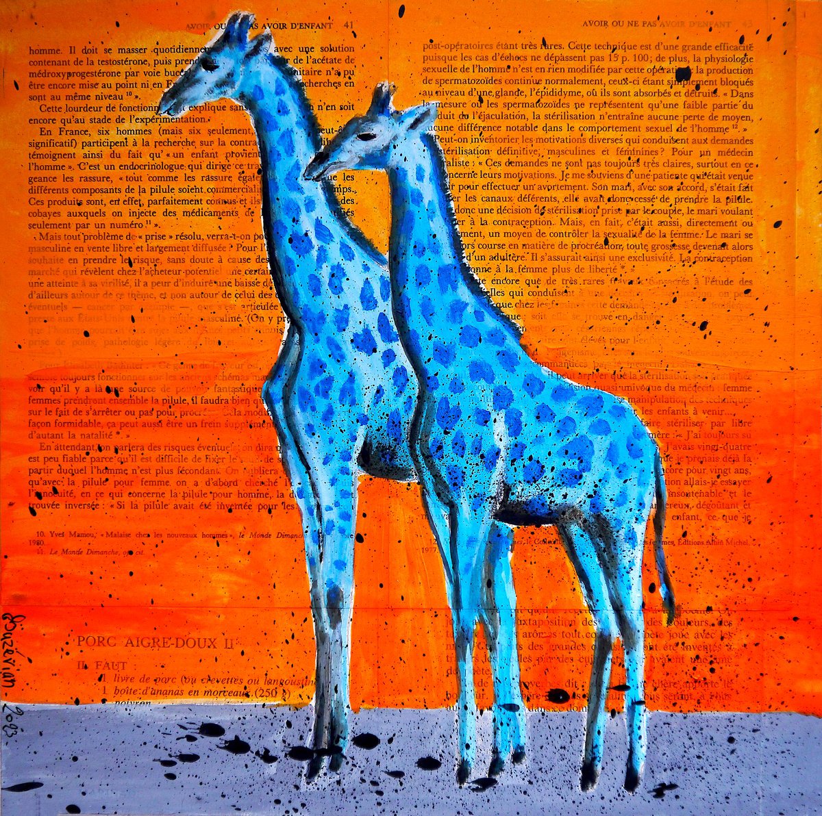 2 Giraffes blue- READY TO HANG - HOME - Gift by Bazevian DelaCapucinire