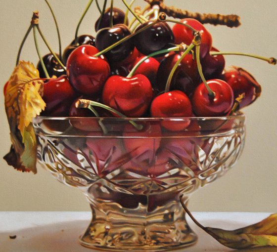 Still life with cherries III , Original oil on canvas painting