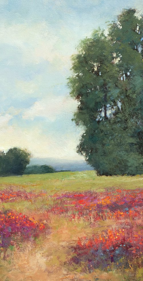 Red Flower Field 220809, trees and road path impressionist landscape painting by Don Bishop