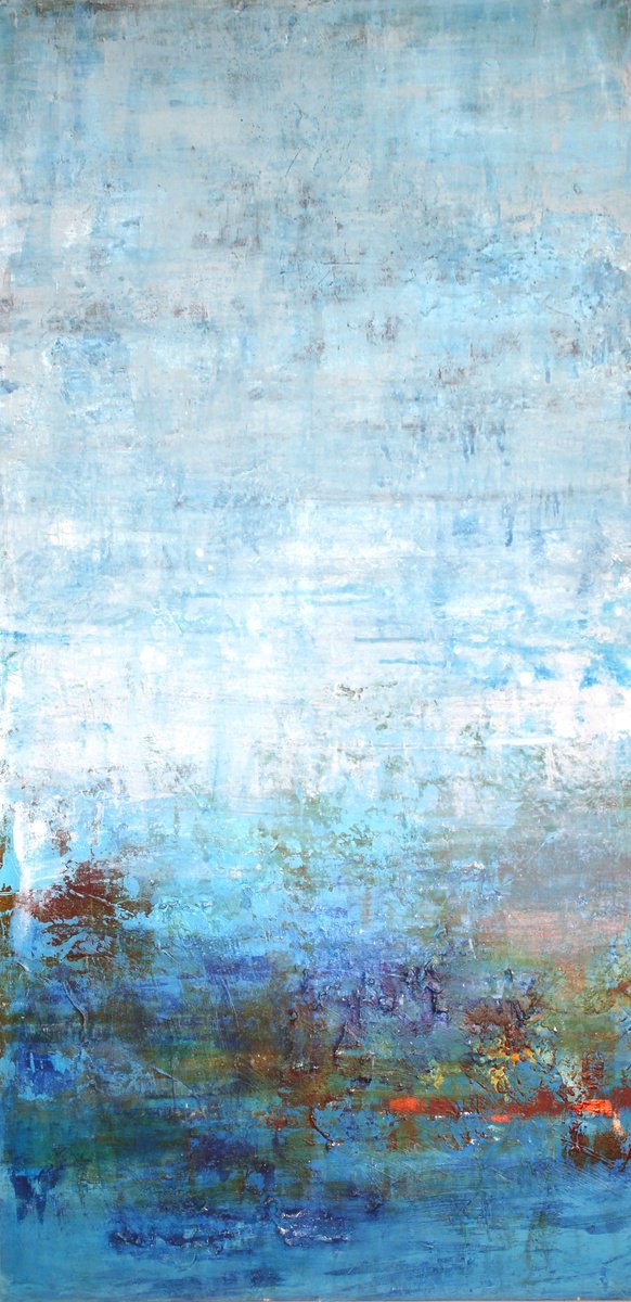 Abstract Acrylic Painting By Laura Spring, 24 X 48", Blue Grunge, Original Artwork