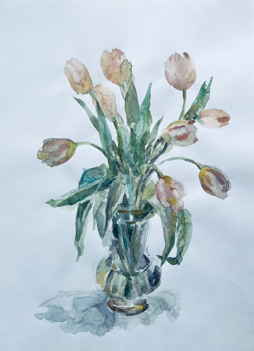 Impressionistic Watercolour , Tulips In Vase. 21X29 In. By Elena Klyan, 22 X 30, Artwork For Sale On Artfinder
