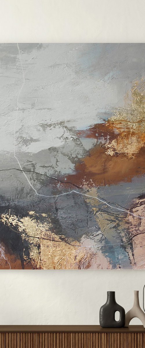"Orange Flight 3" Abstract gray brown gold by Yana Sagan