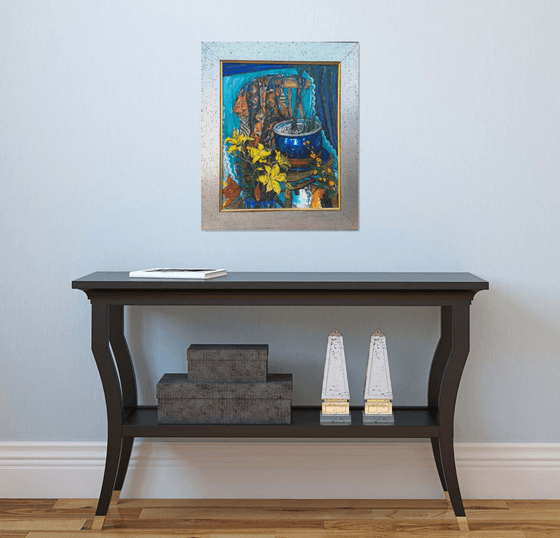 Yellow Lilies in a blue pot framed still life