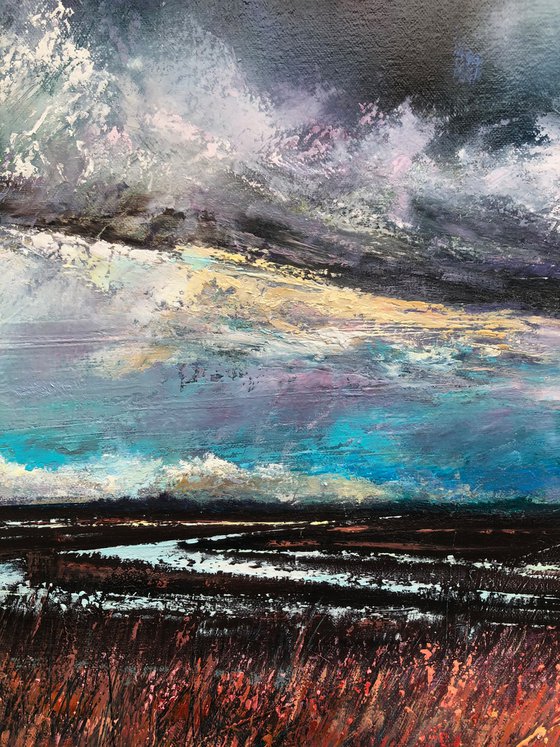 'Storm Across The East Marshes' Large Moody Landscape Oil Painting