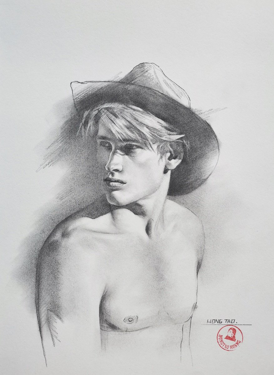 Photorealistic Portrait Pencil Drawing By Hongtao Huang, 7 X 11, Young Cowboy, Original Artwork
