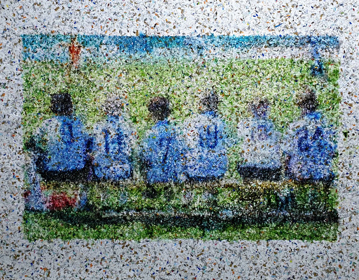 We will play (n.504) - I love football series - Acrylic painting on shredded paper on wo... by Alessio Mazzarulli