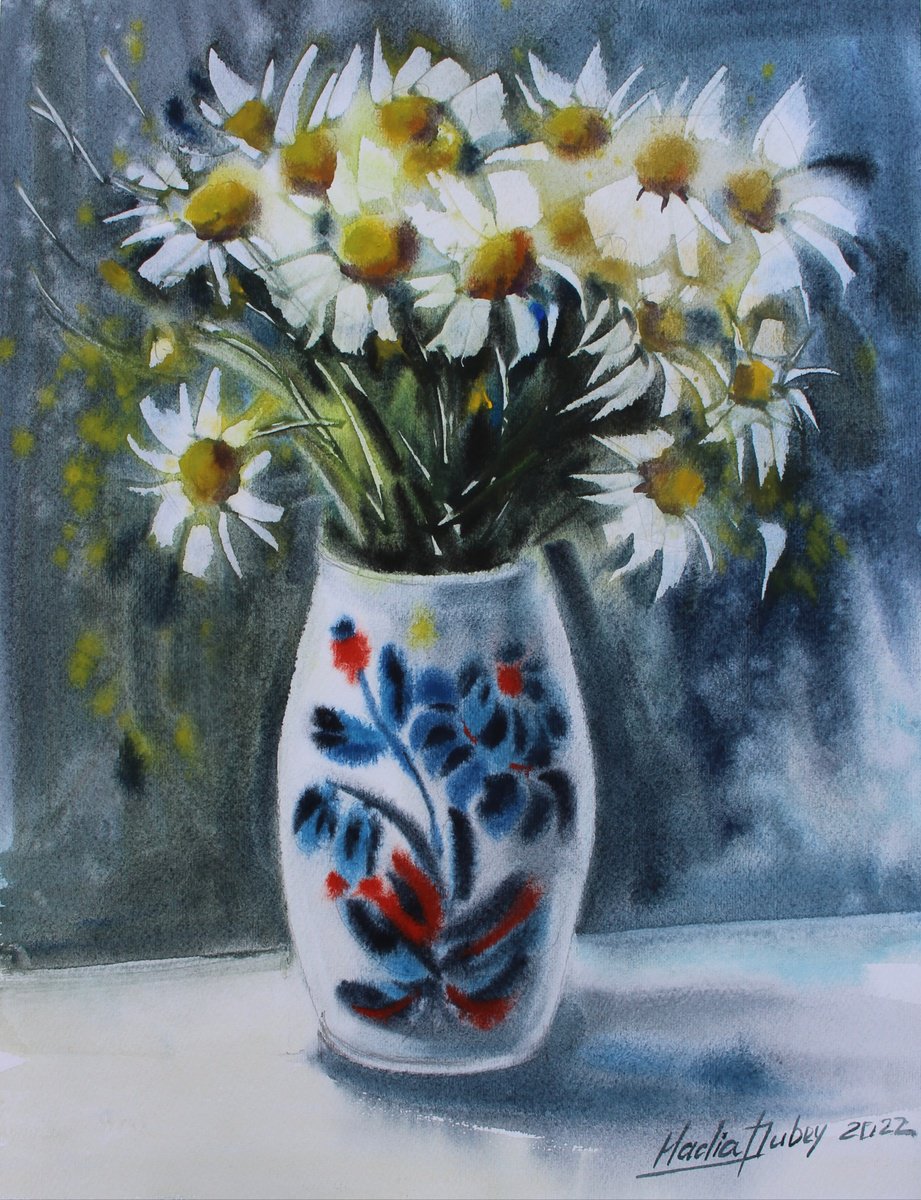 Impressionistic Botanical Watercolour By Nadiia Dubei, 12 X 16", Daisies In A Vase, Original Artwork